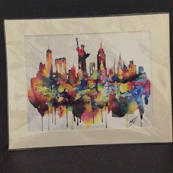 Picture New York skyline multicolor matted for 14 x 11 frame Signed by artist - Picture 1 of 5
